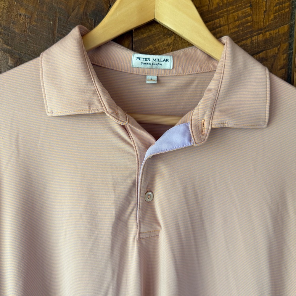 Peter Millar Polo Shirt Mens L Peach Stripe Summer Comfort Performance Golf Top